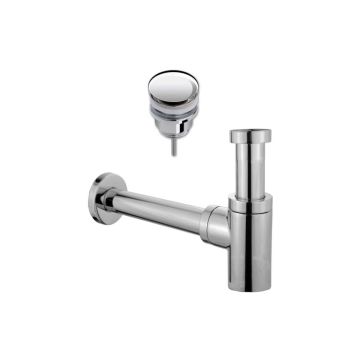 Design sifon Evolution 1¼" chroom met muurbuis inclusief luxe click waste afvoerplug Clic-Clac 1¼" chroom