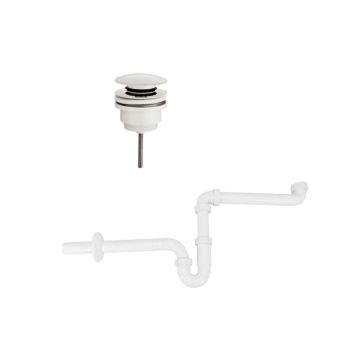 Ruimtebesparend sifon voor wastafel inclusief luxe click waste afvoerplug Clic-Clac 1¼" mat wit