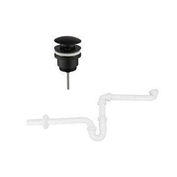 Ruimtebesparend sifon voor wastafel inclusief luxe click waste afvoerplug Clic-Clac 1¼" mat zwart
