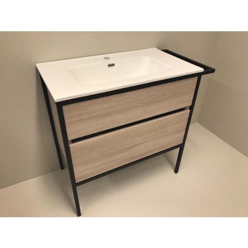 Badmeubelset 2-delig Eternal 90cm eiken - mat zwart, met keramische wastafel